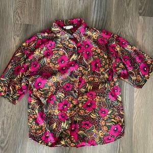 Vintage Boomerang bright floral printed short sleeve button down shirt